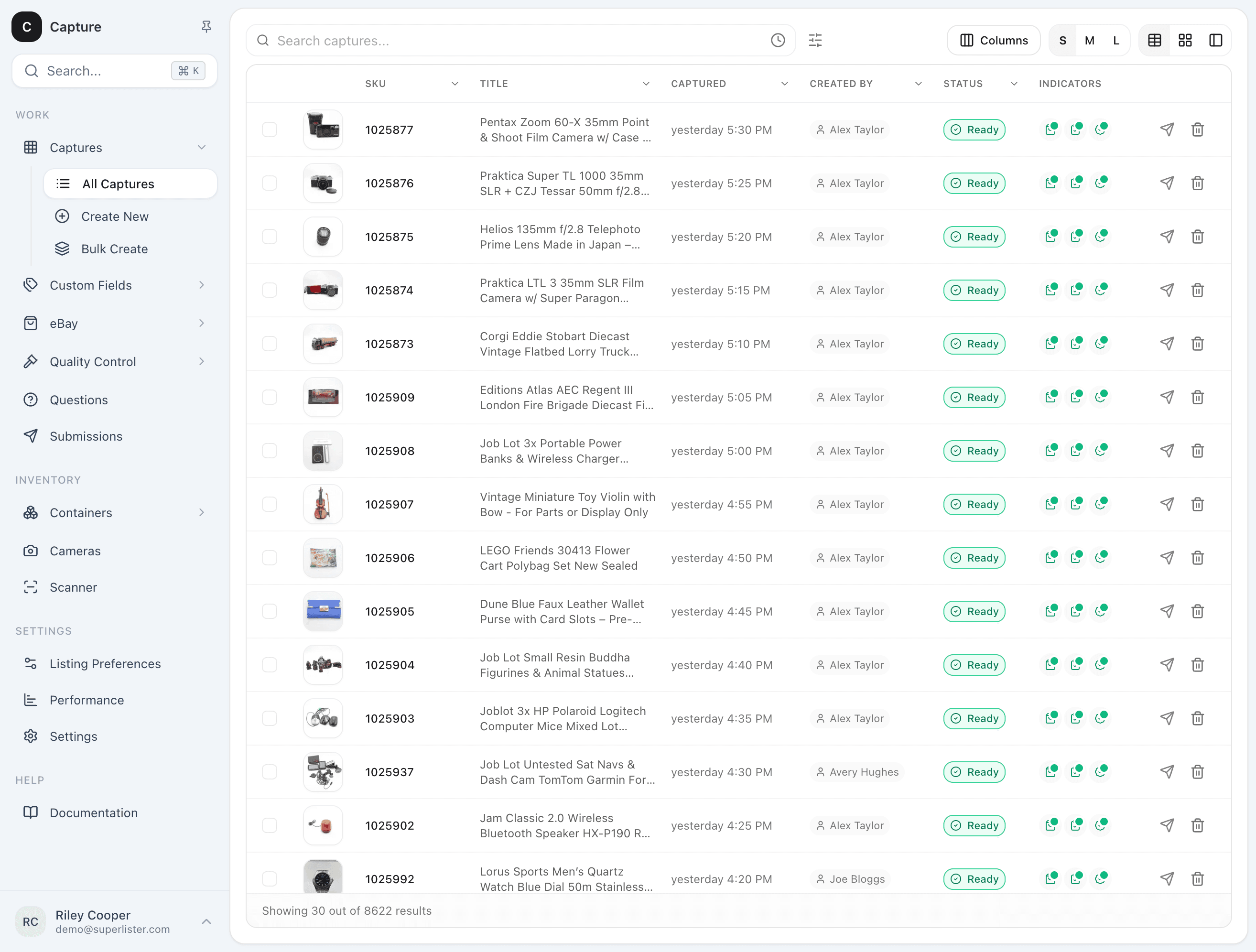 Capture by SuperLister dashboard showing the All Captures table